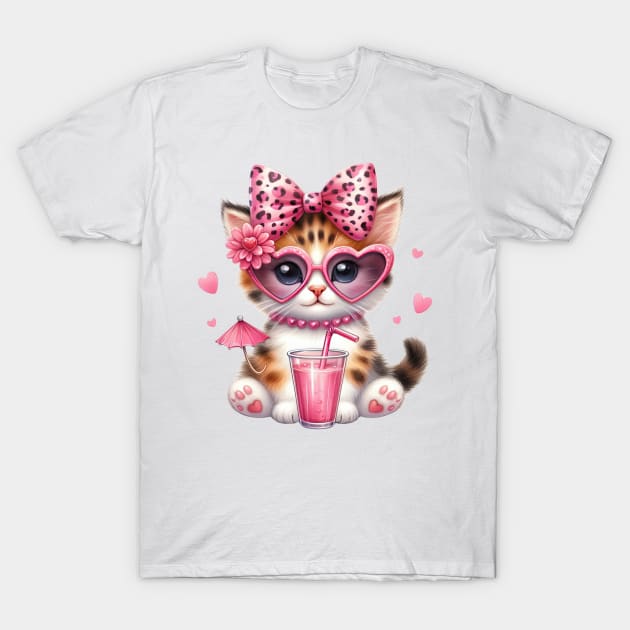 Valentine Cat Drinking Ice Cream T-Shirt by Chromatic Fusion Studio